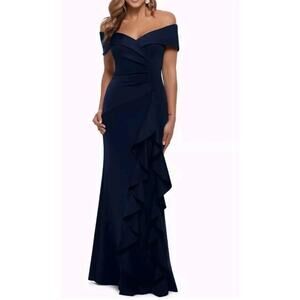 XSCAPE Women's Ruffle Off the Shoulder Scuba Knit Gown Midnight Blue Size 10 NWT